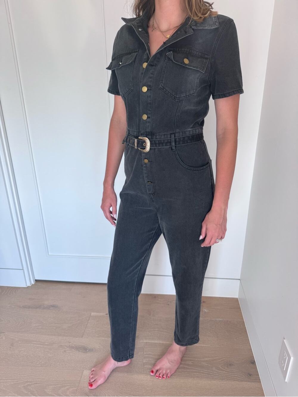 Jumpsuit-Black Denim Short-Sleeve Jumpsuit with Belt